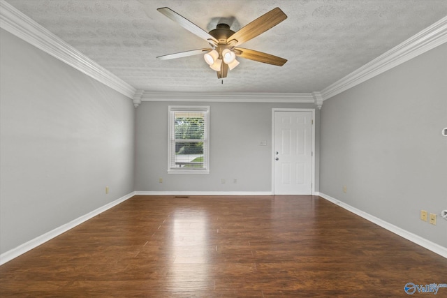 spare room with crown molding, ceiling fan, dark hardwood / wood-style floors, and a textured ceiling