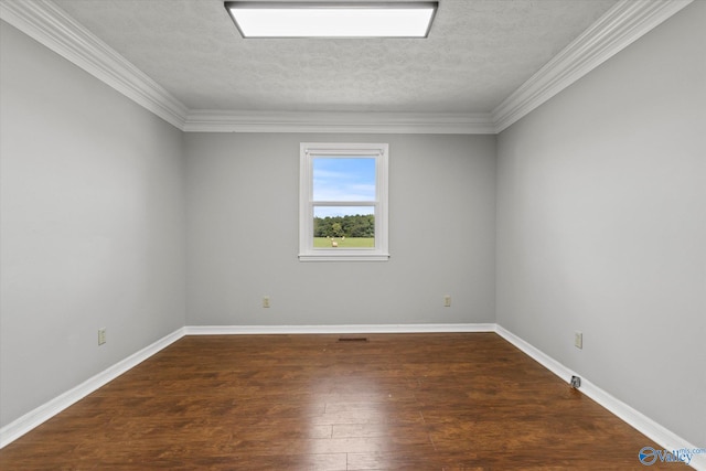 unfurnished room featuring ornamental molding, a textured ceiling, and dark hardwood / wood-style flooring