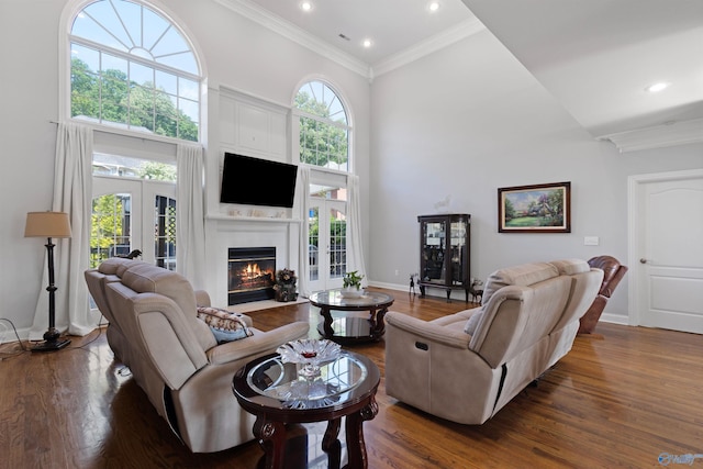 2907 Madrey Ln, Hampton Cove, AL 35763 - living room featuring a towering ceiling, a fireplace with flush hearth, french doors, and wood finished floors