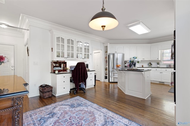 2907 Madrey Ln, Hampton Cove, AL 35763 - interior space with freestanding refrigerator, white cabinetry, and dark countertops