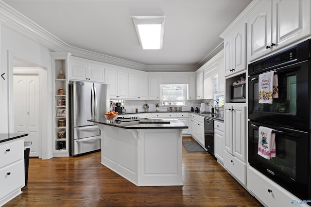 2907 Madrey Ln, Hampton Cove, AL 35763 - kitchen with ornamental molding, white cabinetry, black appliances, and dark countertops