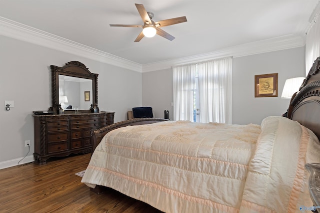 2907 Madrey Ln, Hampton Cove, AL 35763 - bedroom featuring baseboards, ornamental molding, ceiling fan, and dark wood-type flooring