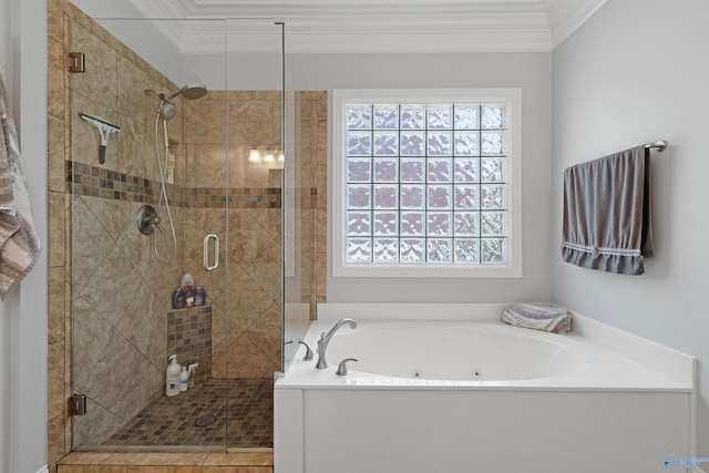2907 Madrey Ln, Hampton Cove, AL 35763 - full bath featuring a stall shower, ornamental molding, and a jetted tub