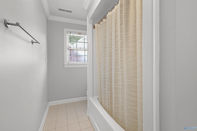 2907 Madrey Ln, Hampton Cove, AL 35763 - bathroom featuring visible vents, tile patterned flooring, baseboards, ornamental molding, and shower / bath combo with shower curtain