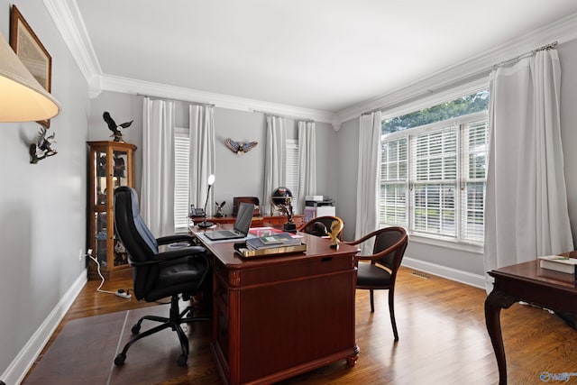 2907 Madrey Ln, Hampton Cove, AL 35763 - home office with baseboards, ornamental molding, and wood finished floors