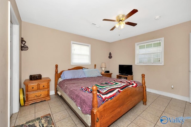 bedroom with light tile patterned flooring, baseboards, visible vents, and a ceiling fan