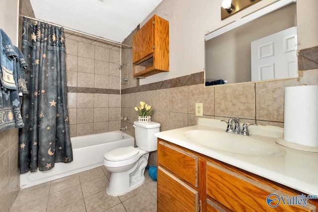 bathroom featuring tile patterned floors, shower / tub combo, toilet, and tile walls
