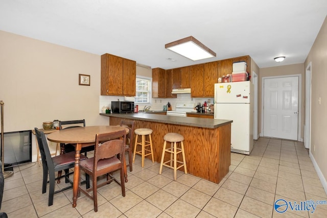 kitchen featuring a peninsula, under cabinet range hood, white appliances, dark countertops, and decorative backsplash