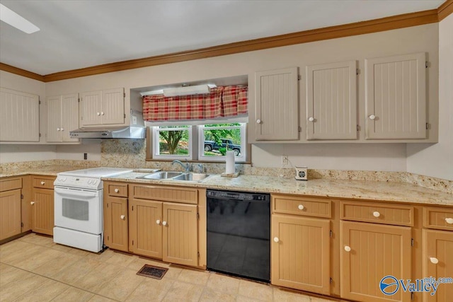 kitchen featuring crown molding, under cabinet range hood, dishwasher, a sink, and white range with electric cooktop