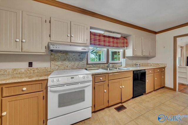 kitchen with black dishwasher, under cabinet range hood, visible vents, white range with electric stovetop, and a sink