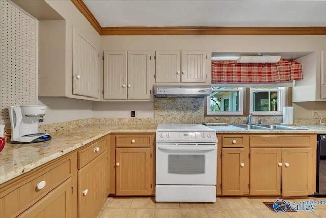 kitchen with under cabinet range hood, black dishwasher, a sink, and white electric range oven