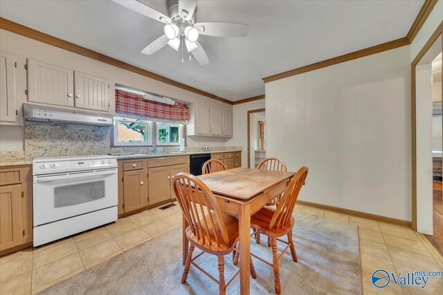 dining area with crown molding, light tile patterned floors, ceiling fan, and visible vents