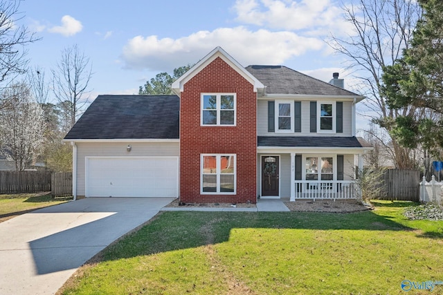 traditional home featuring a porch, concrete driveway, an attached garage, and fence