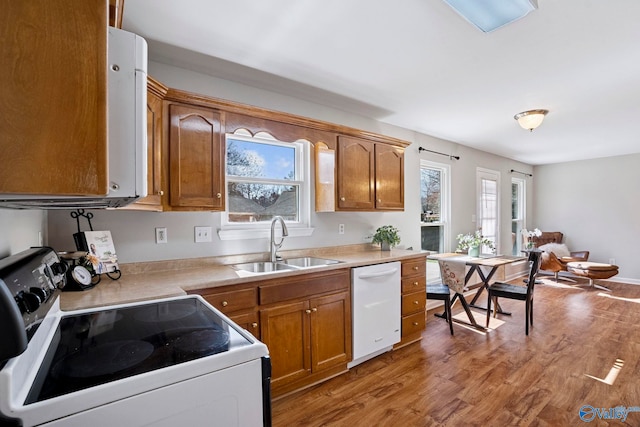 kitchen featuring a healthy amount of sunlight, white appliances, light wood-type flooring, and a sink