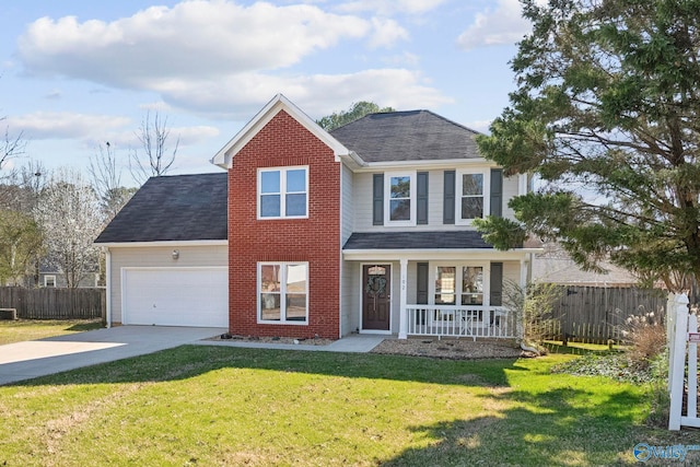 traditional home with an attached garage, fence, covered porch, and driveway