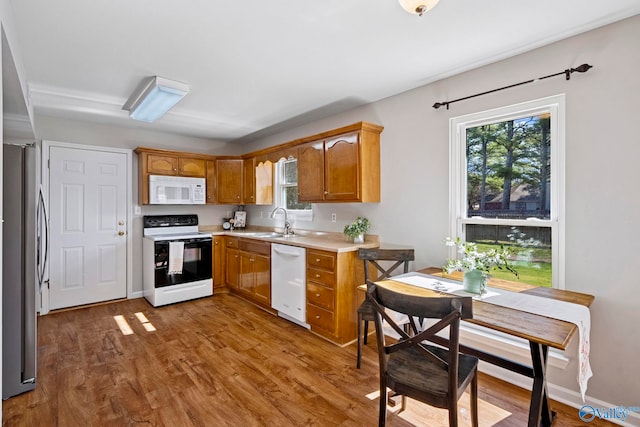 kitchen featuring white appliances, brown cabinetry, wood finished floors, a sink, and light countertops