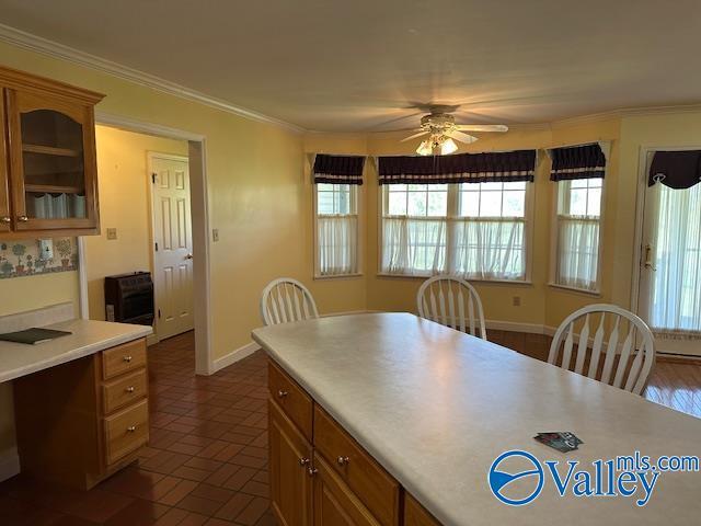 dining room featuring ceiling fan, baseboards, and crown molding