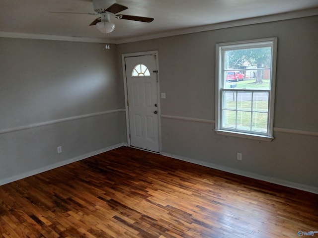 entrance foyer with hardwood / wood-style flooring, crown molding, and ceiling fan