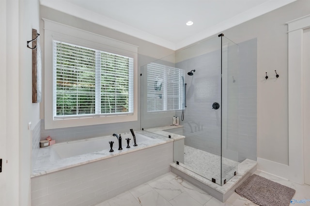 13559 Monte Vedra Rd SE, Huntsville, AL 35803 - bathroom with a garden tub, walk in shower, and marble look tiles