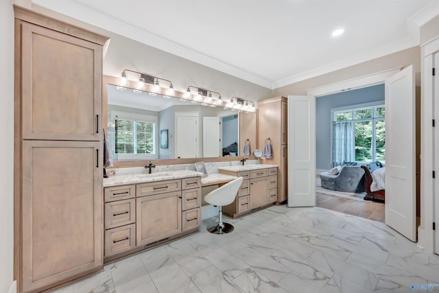 13559 Monte Vedra Rd SE, Huntsville, AL 35803 - ensuite bathroom featuring vanity, plenty of natural light, marble finish flooring, ornamental molding, and recessed lighting