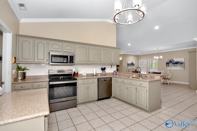 kitchen with crown molding, stainless steel appliances, a sink, a chandelier, and a peninsula