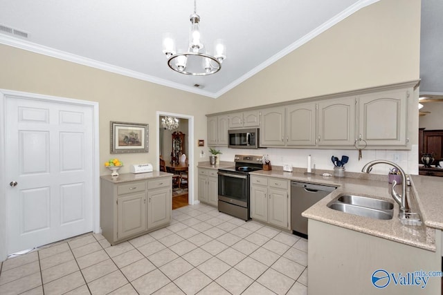 kitchen featuring visible vents, lofted ceiling, an inviting chandelier, stainless steel appliances, and a sink