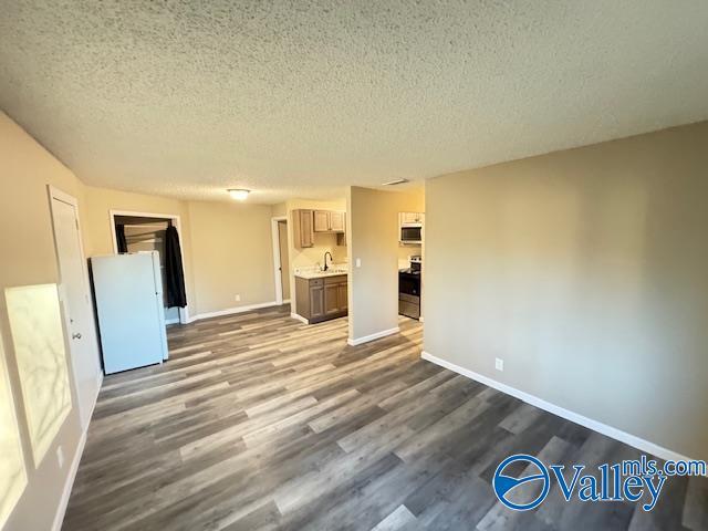 2950 Hood Rd SW Unit J, Huntsville, AL 35805 - unfurnished living room with baseboards, a sink, a textured ceiling, and dark wood-style floors