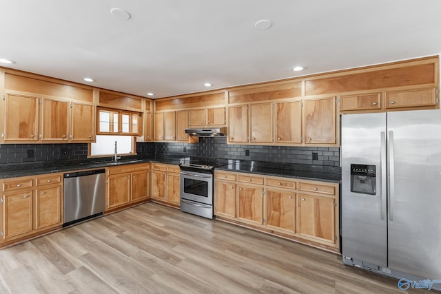 kitchen with stainless steel appliances, tasteful backsplash, a sink, and light wood-style flooring