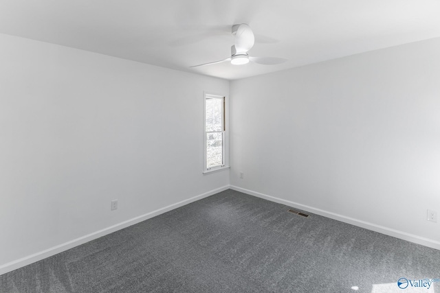 empty room featuring a ceiling fan, baseboards, visible vents, and carpet flooring