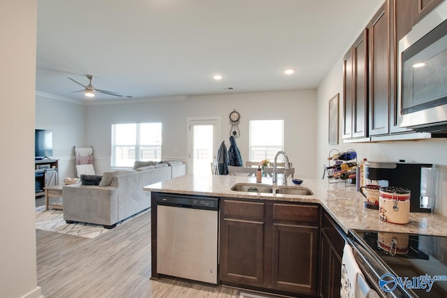 kitchen with light hardwood / wood-style flooring, stainless steel appliances, crown molding, dark brown cabinets, and sink