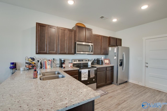 kitchen featuring stainless steel appliances, sink, kitchen peninsula, and dark brown cabinetry