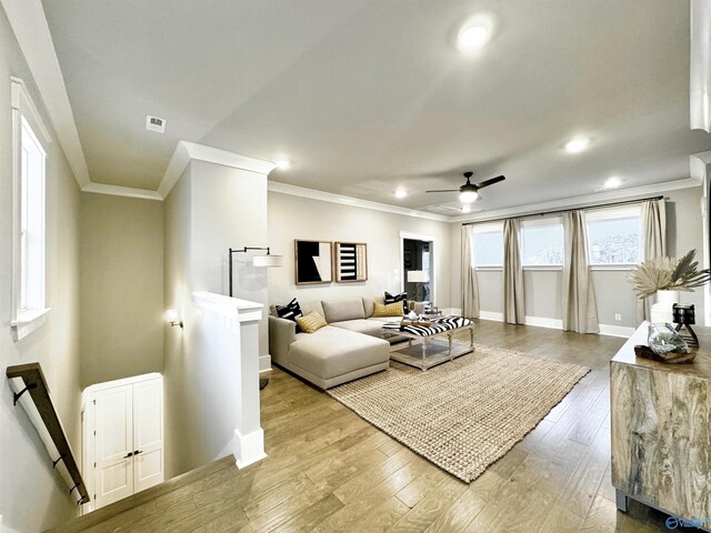 living room featuring light hardwood / wood-style floors, ornamental molding, and ceiling fan