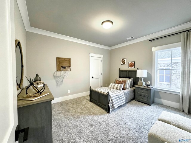 bedroom with crown molding and carpet floors