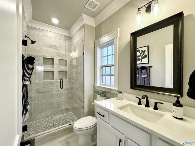 bathroom featuring vanity, a shower with shower door, and toilet