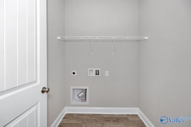 laundry room with hookup for an electric dryer, wood-type flooring, and washer hookup