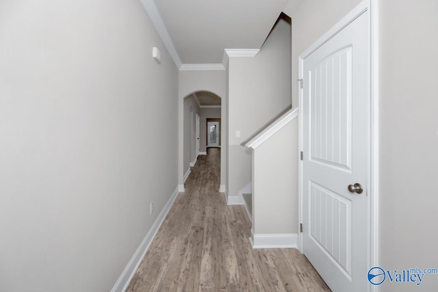 hall featuring light wood-type flooring and ornamental molding