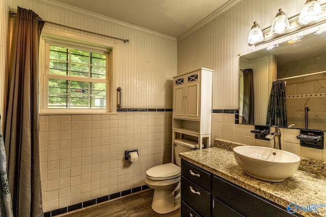 53 Price Mountain Dr, Decatur, AL 35603 - full bathroom with ornamental molding, tile walls, wood finished floors, toilet, and curtained shower