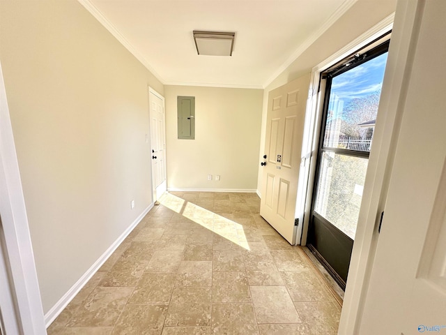 interior space with ornamental molding and electric panel