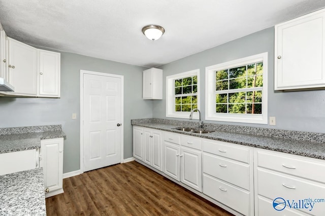 kitchen featuring white cabinetry, light stone counters, and a sink