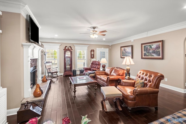 living room featuring dark wood-type flooring, ceiling fan, and ornamental molding