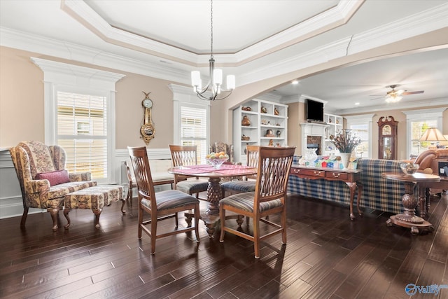 dining space with a raised ceiling, dark wood-type flooring, ceiling fan with notable chandelier, and ornamental molding