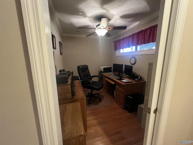 office area with a textured ceiling, wood finished floors, a ceiling fan, and ornamental molding