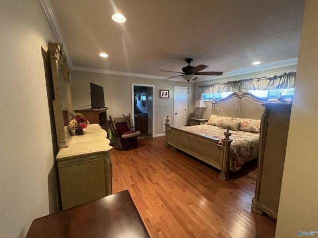 bedroom featuring recessed lighting, ceiling fan, crown molding, and light wood finished floors