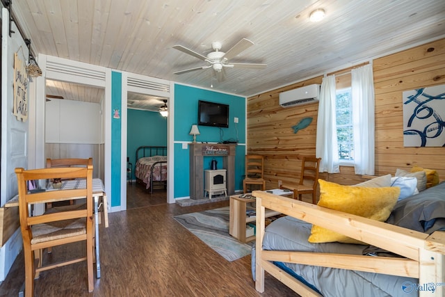 bedroom with dark hardwood / wood-style floors, wood walls, a wall mounted AC, wooden ceiling, and a closet