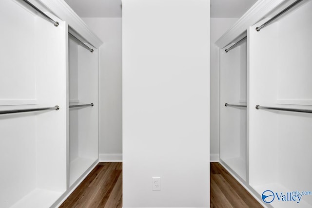 spacious closet with dark hardwood / wood-style flooring