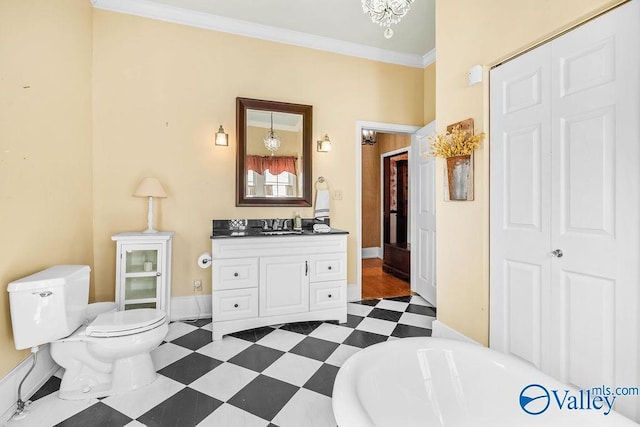 full bathroom featuring tile patterned floors, toilet, ornamental molding, baseboards, and vanity