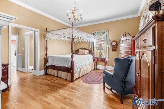 bedroom with a chandelier, baseboards, light wood finished floors, and ornamental molding