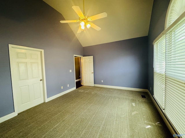 unfurnished bedroom with high vaulted ceiling, visible vents, carpet floors, a ceiling fan, and baseboards