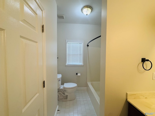full bathroom featuring toilet, vanity, visible vents, tile patterned flooring, and washtub / shower combination