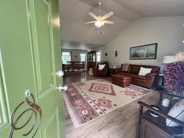 1006 SW 6th St, Attalla, AL 35954 - living room featuring wood finished floors, lofted ceiling, and ceiling fan
